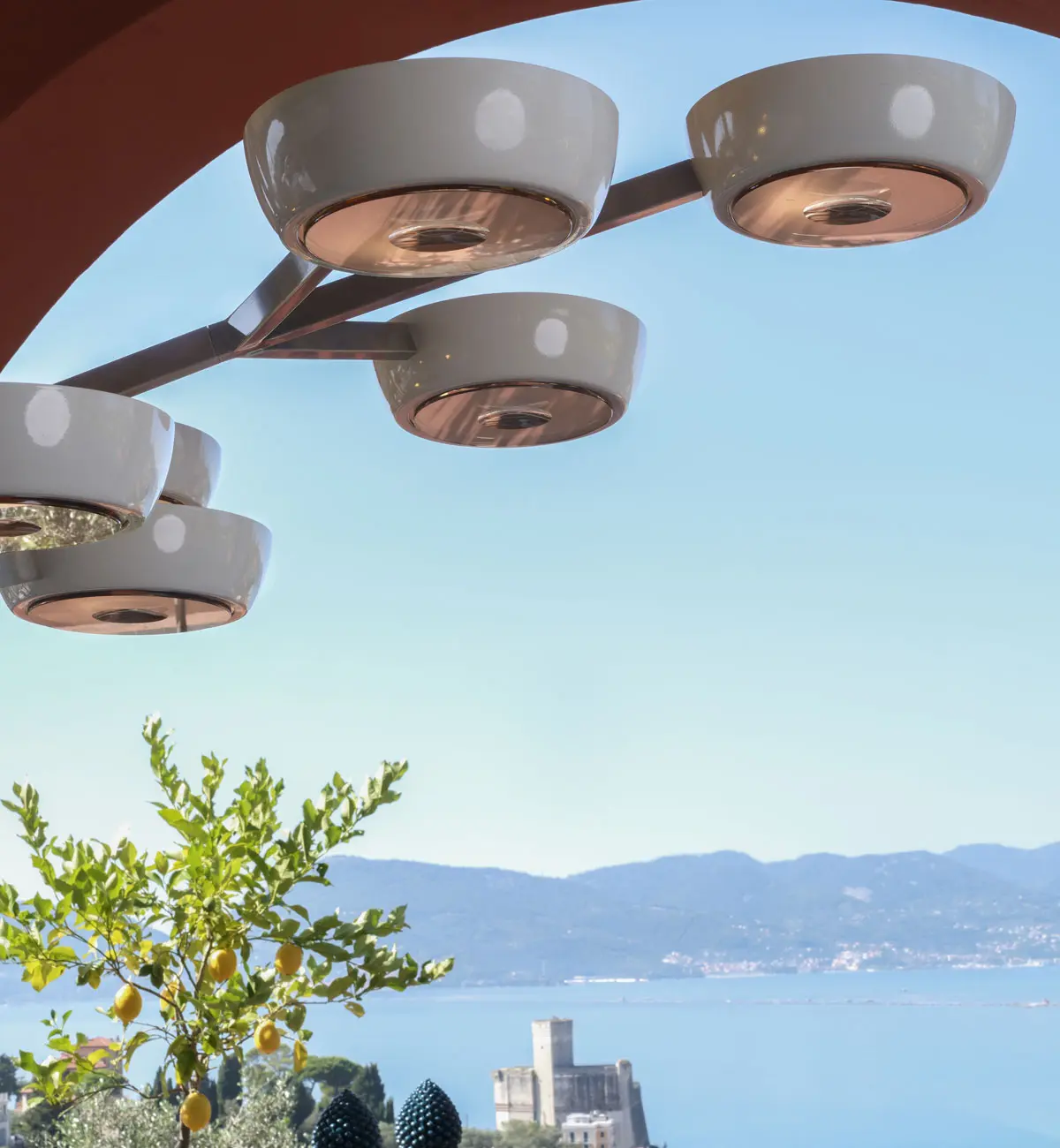 The Rose Grande ceiling light overlooking the coast of Lerici, Italy.